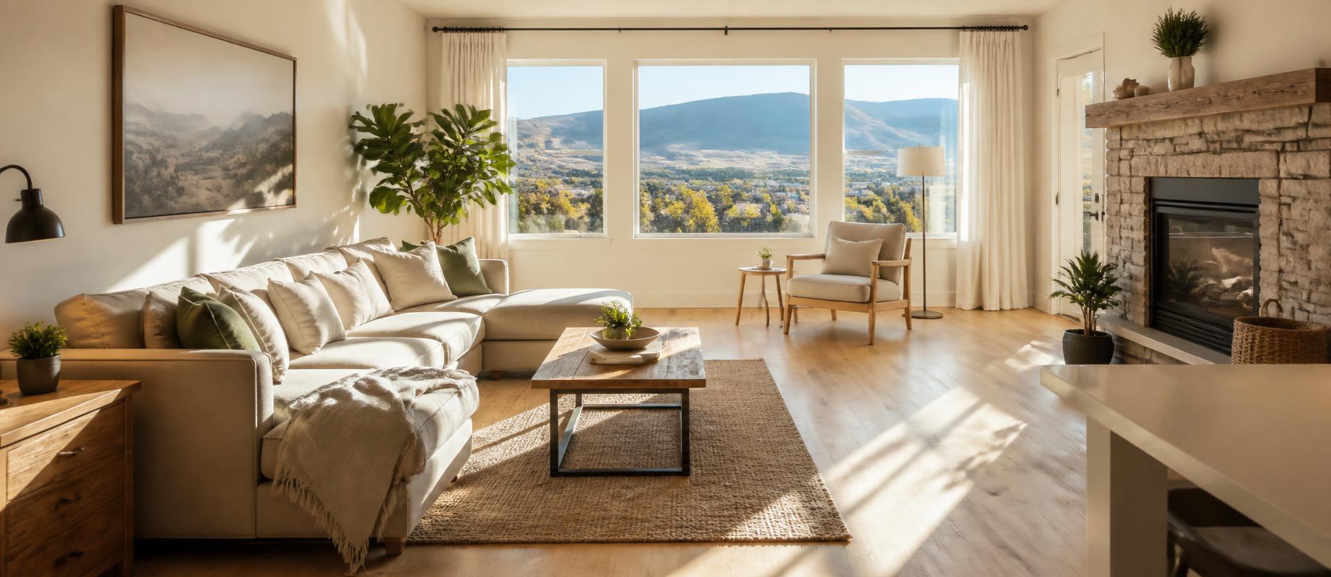 Bright, freshly cleaned living room overlooking the Kamloops hills